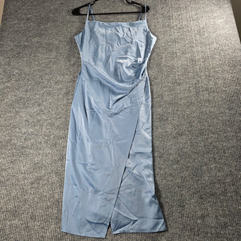 Lulus Dusty Blue Satin Ruched Midi Dress Square Neck Sleeveless Cocktail Small